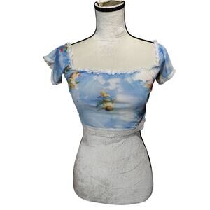 Romwe Women's Sz M Cherub Baby Angel Sheer Mesh Crop Top Lace Trim